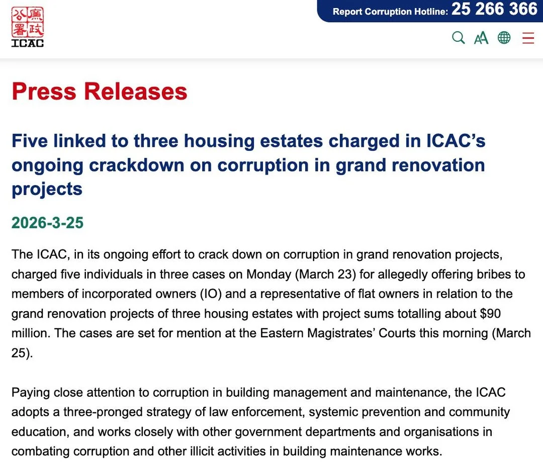 ICAC Charges Five over $90M Estate Renovation Bribery