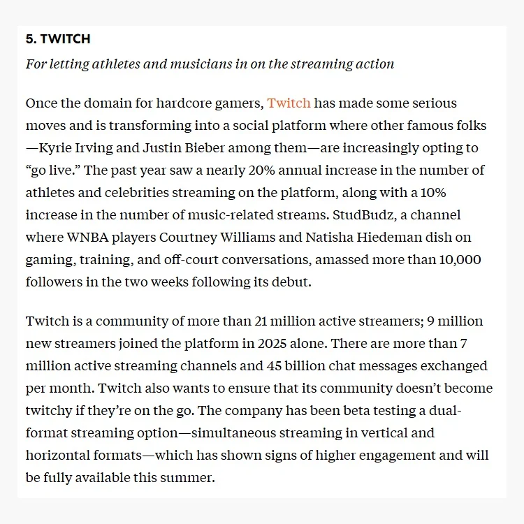Twitch Earns Innovation Nod for Athlete‑musician Streaming Strategy
