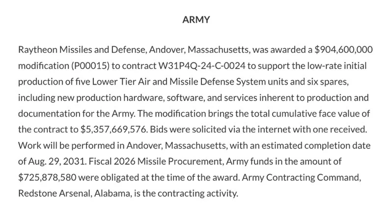 Raytheon Secures $904.6M Army Contract for Air Defense Production