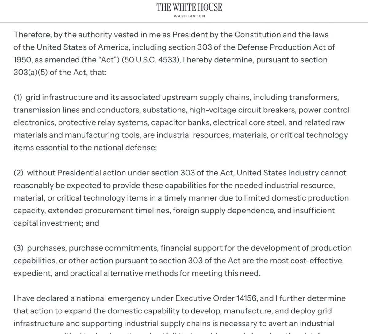 White House Declares Grid Critical, Boosting Infrastructure Stocks
