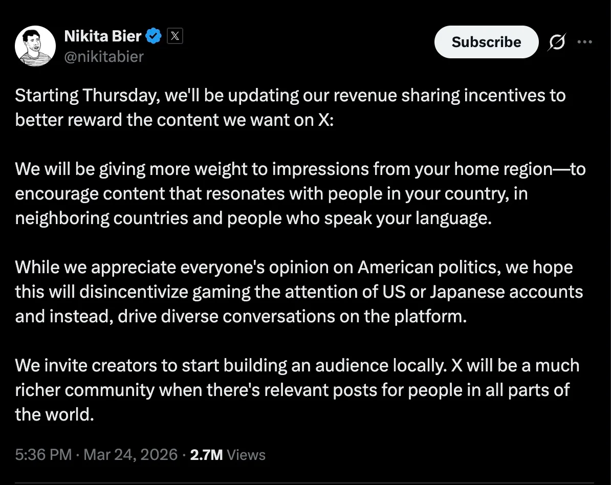 X Limits Creator Earnings to Domestic Impressions After Location Scandal