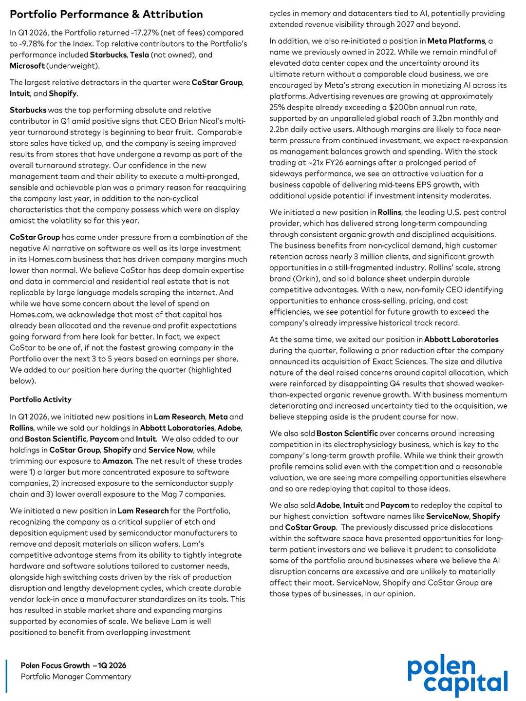 Polen Capital Q1 Down