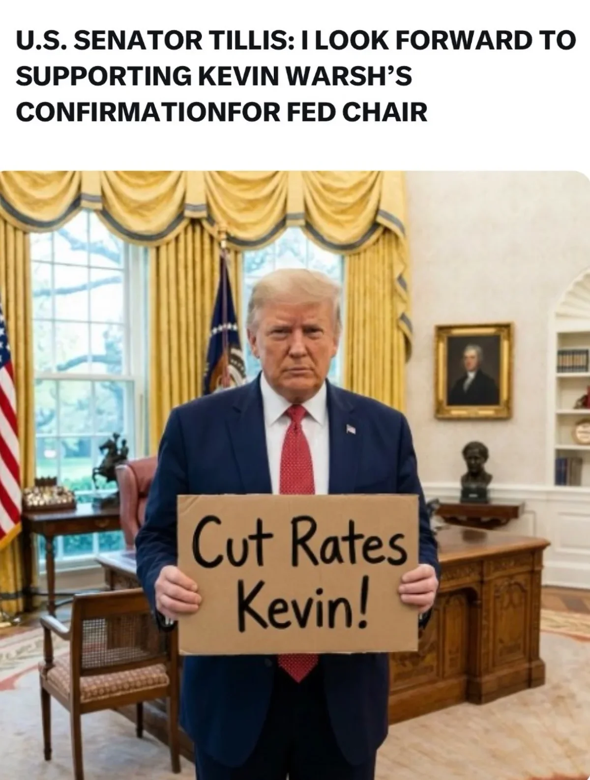 Tillis Backs Warsh, Signaling Powell's Final Fed Meeting