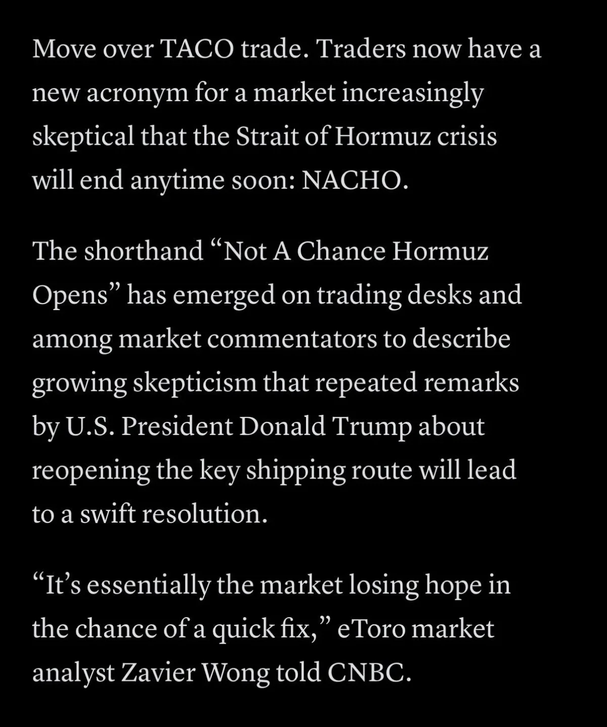 Wall Street Dubs Hormuz Closure “NACHO”