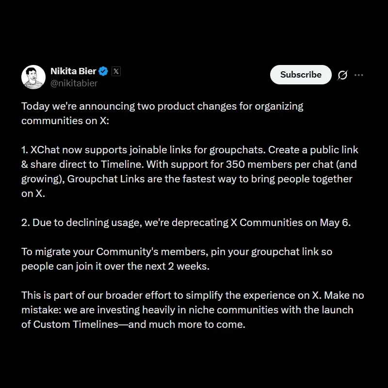 X to Delete All Communities on May 6 Due to Declining Usage.