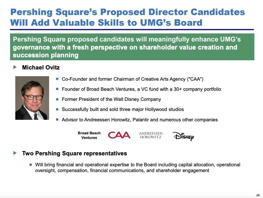 Ackman Proposes Michael Ovitz as UMG Chairman