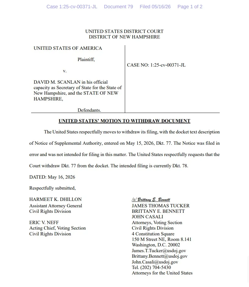 DOJ Pulls Misfiled New Hampshire Filing Meant for Minnesota