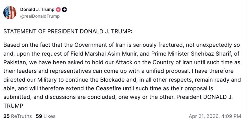 Trump Extends Ceasefire, Keeps Blockade Until Proposal