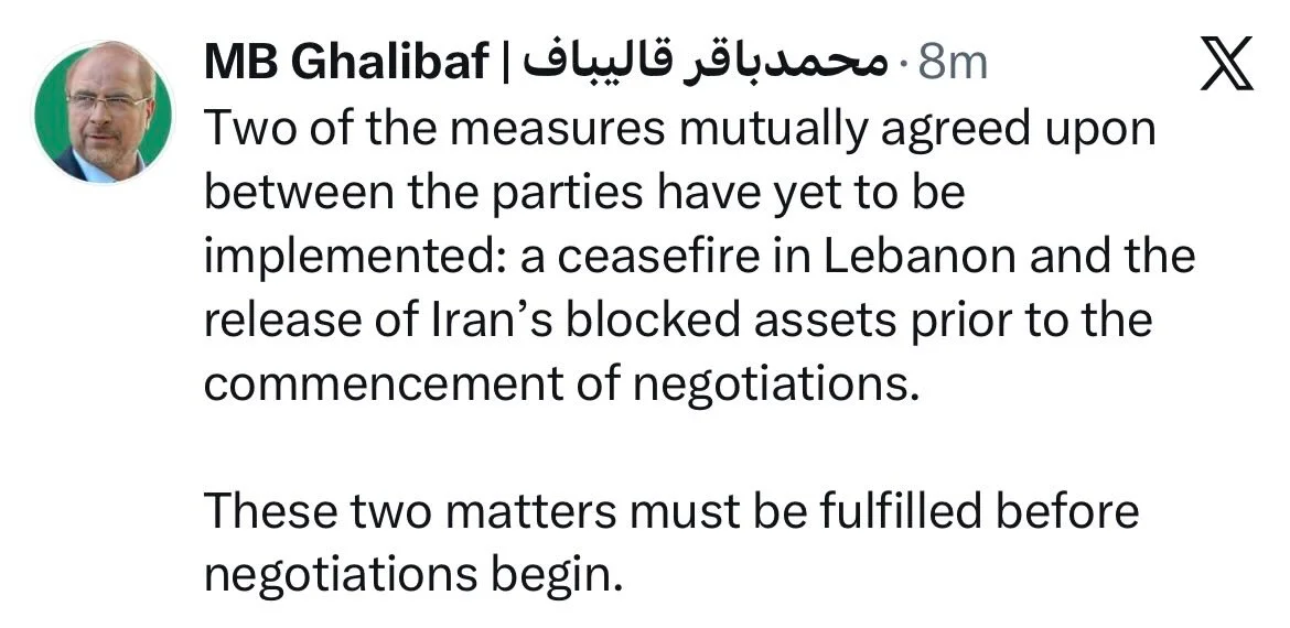 Ghalibaf Demands Lebanon Ceasefire, Frozen Iranian Assets Release