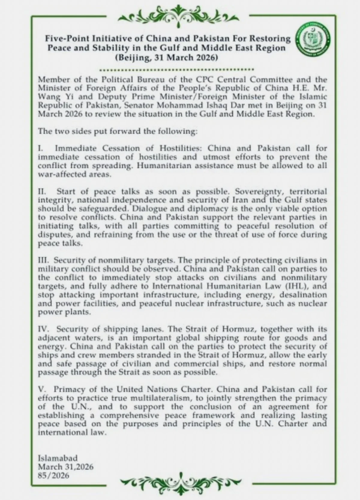 China‑Pakistan Peace Plan Aims to End Iran War