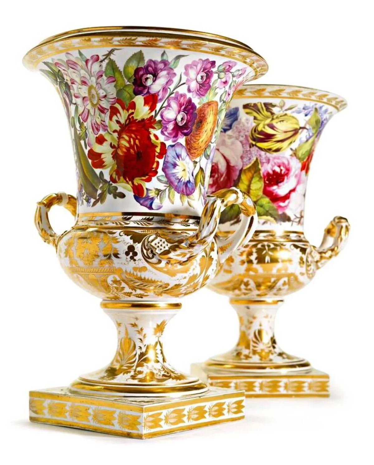 Rare 1815 Derby Campagna Vases Featuring Pegg Flower Painting