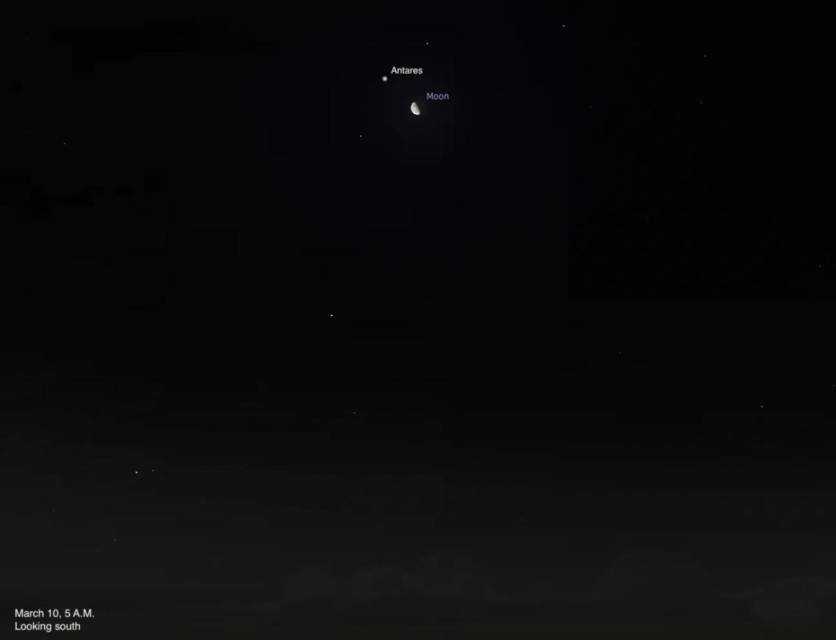 The Sky Today on Tuesday, March 10: The Moon Visits Red Giant Antares