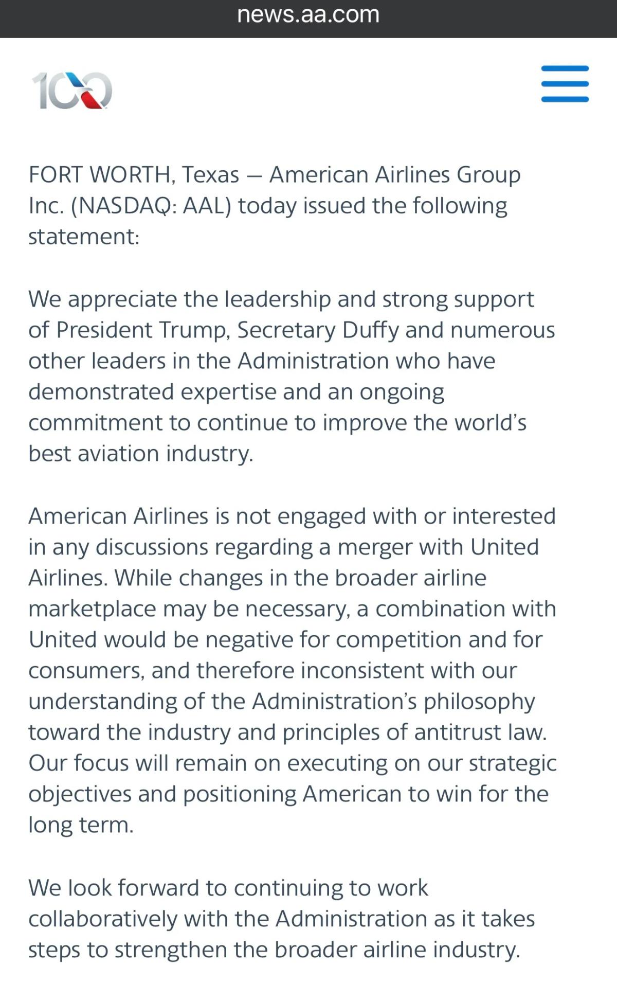 American Airlines Denies United Merger, Praises Trump Leadership