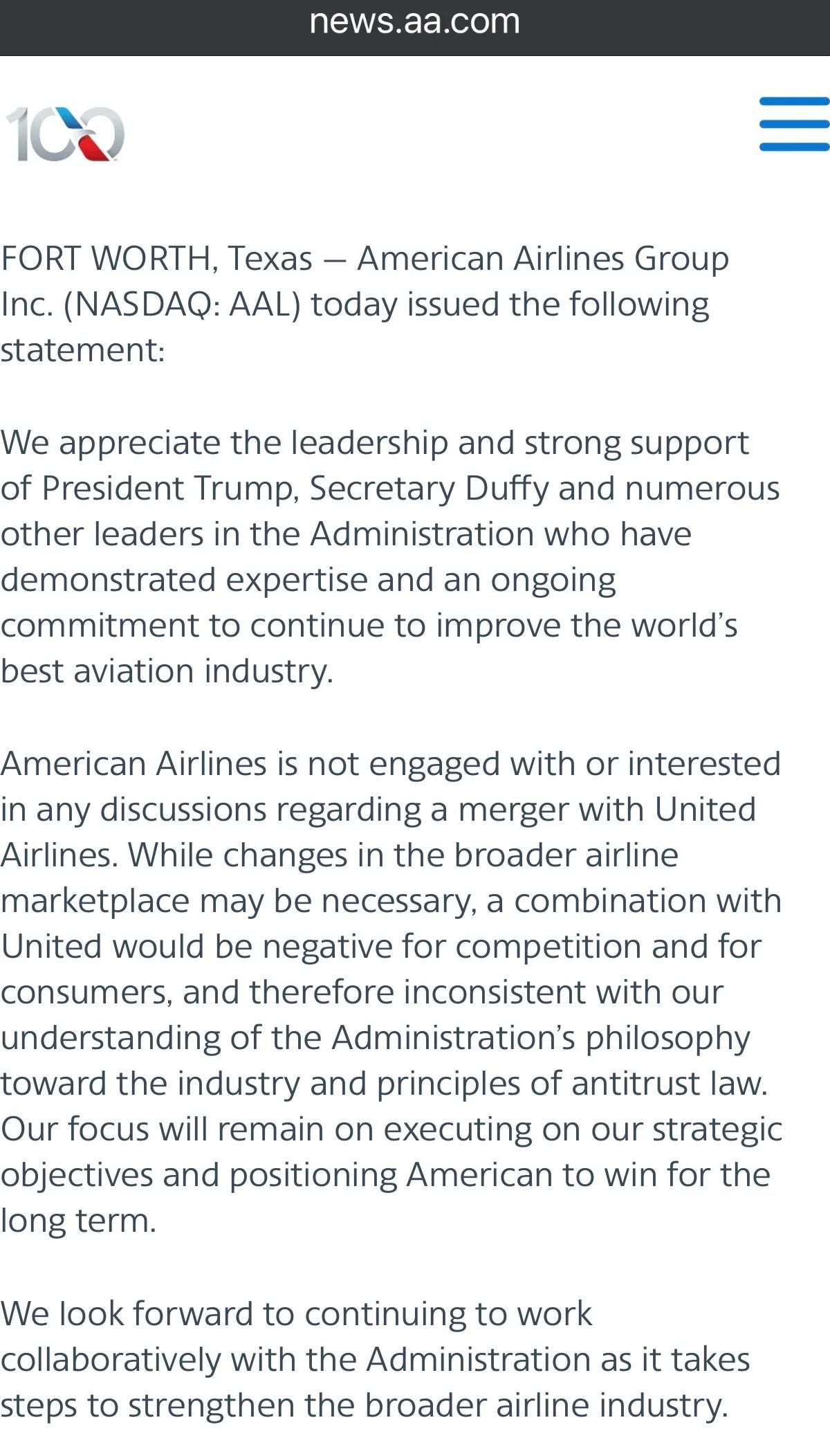 American Airlines Denies United Merger, Praises Trump Leadership