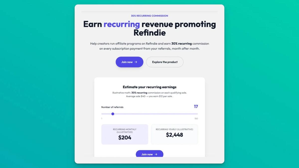 Earn 30% Recurring Revenue with Refindie Affiliate Calculator
