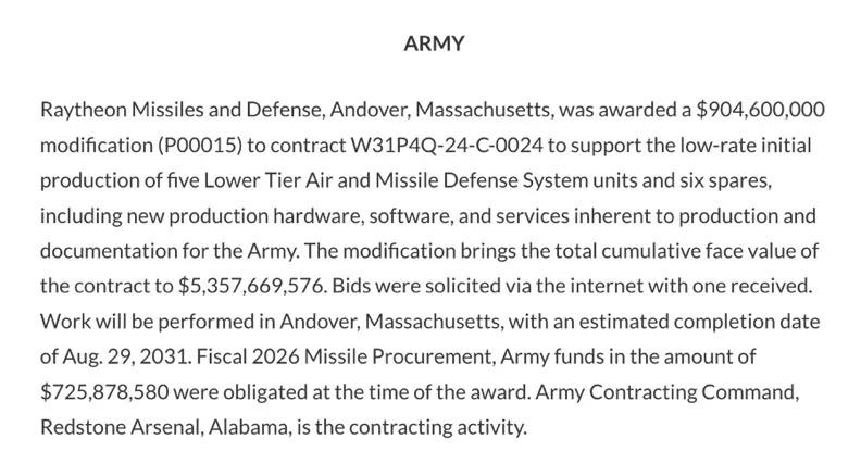 Raytheon Secures $904.6M Army Contract for Air Defense Production