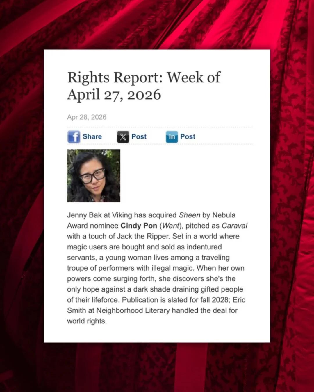 Thrilled to Co‑author Cindy Pon’s Upcoming SHEEN (Viking 2028)