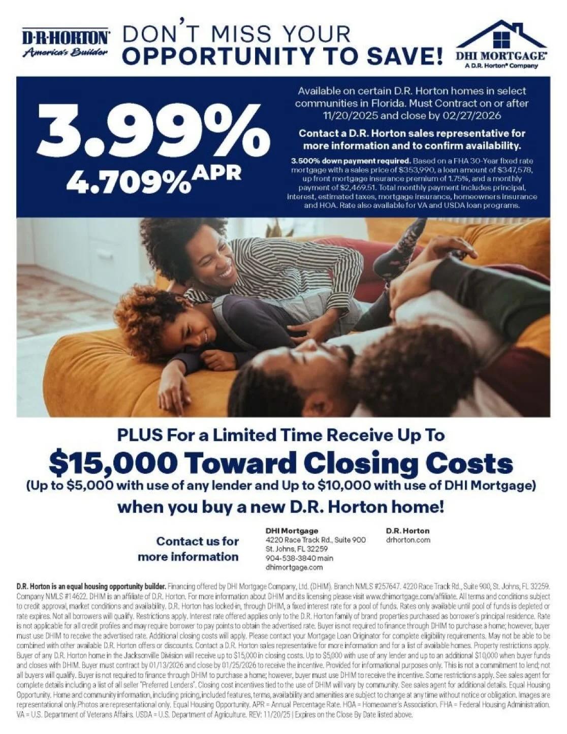 D.R. Horton Offers 3.99% Mortgage, $15K Closing Aid