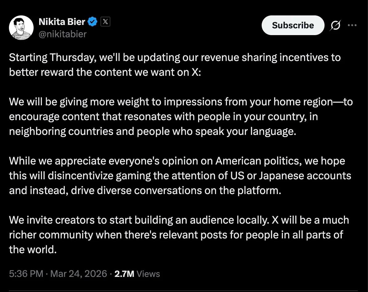 X Limits Creator Earnings to Domestic Impressions After Location Scandal