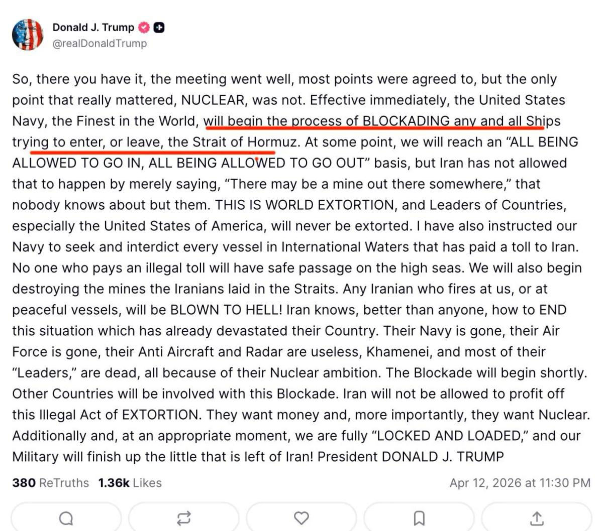 Trump Threatens Hormuz Blockade, Demands Direct Call