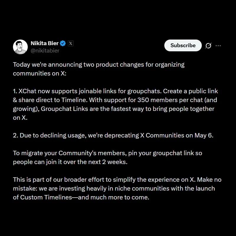 X to Delete All Communities on May 6 Due to Declining Usage.