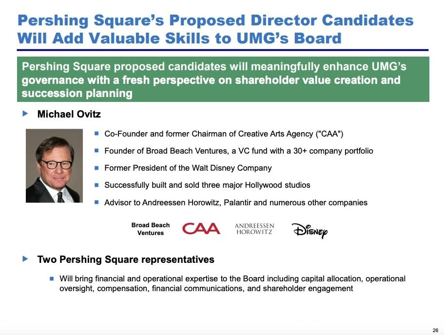 Ackman Proposes Michael Ovitz as UMG Chairman