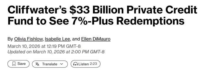 Cliffwater Blames Sentiment Amid $33B Fund Redemptions
