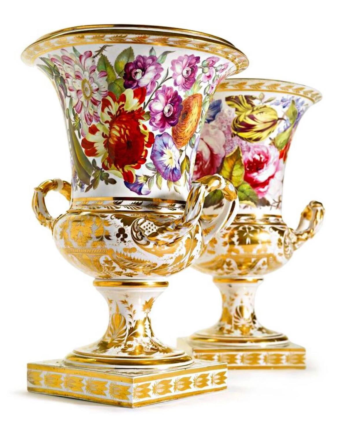 Rare 1815 Derby Campagna Vases Featuring Pegg Flower Painting