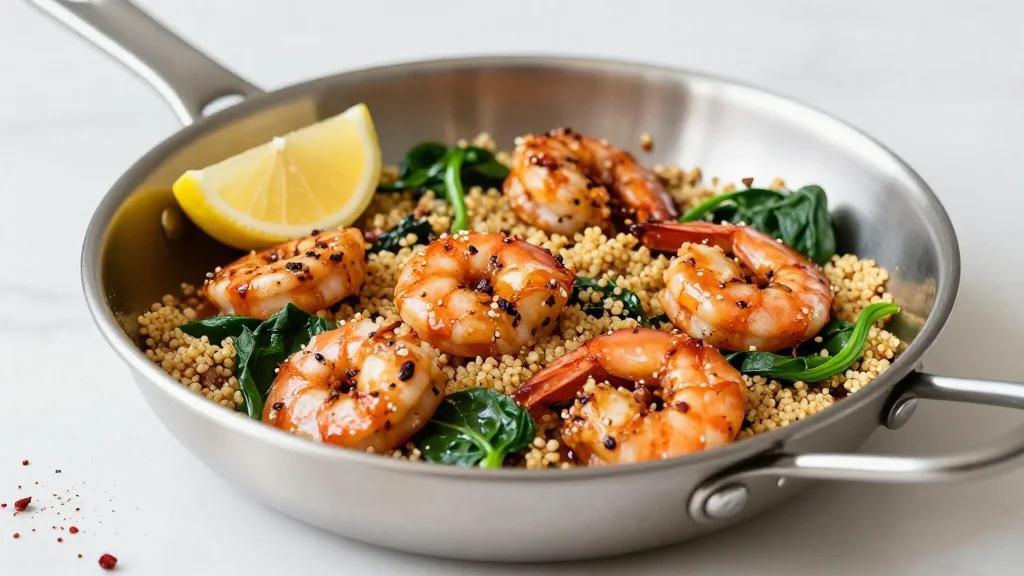 Chili Shrimp, Quinoa and Spinach Skillet