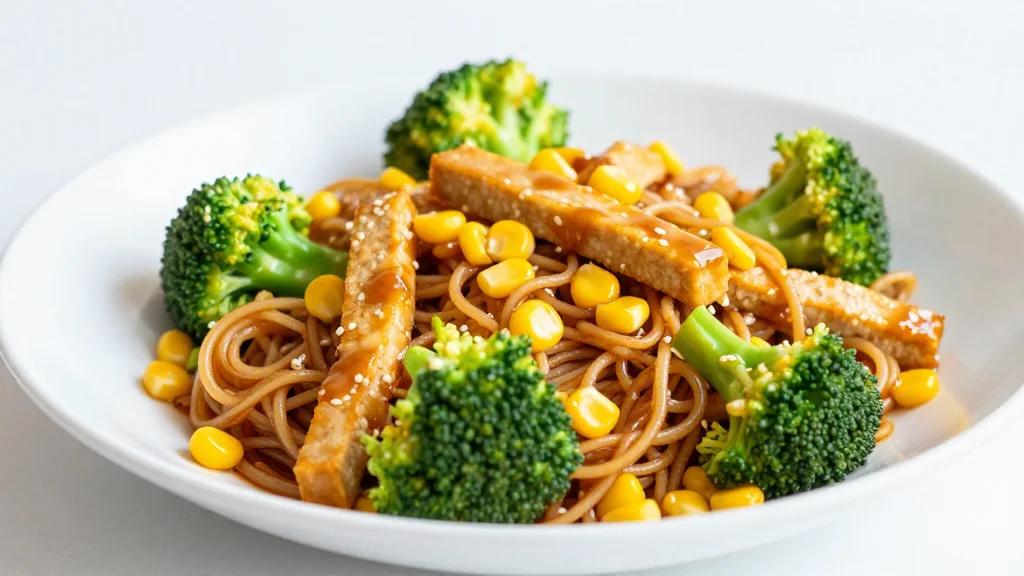 Tempeh Pad Thai With Broccoli and Corn