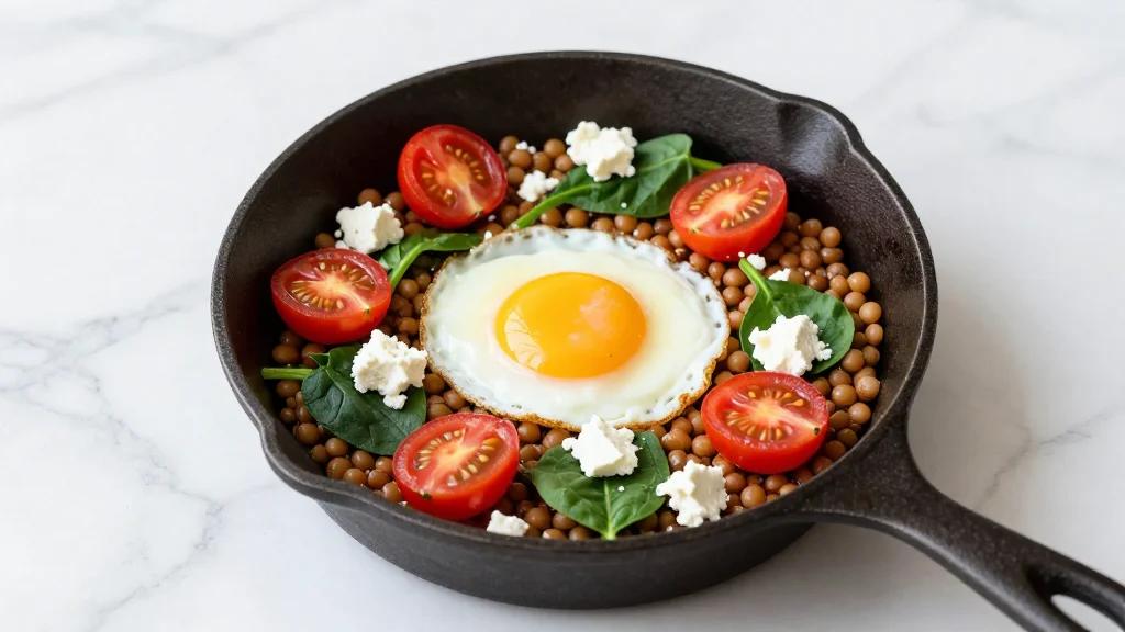 Lentil Skillet With Spinach, Tomato, Egg and Feta